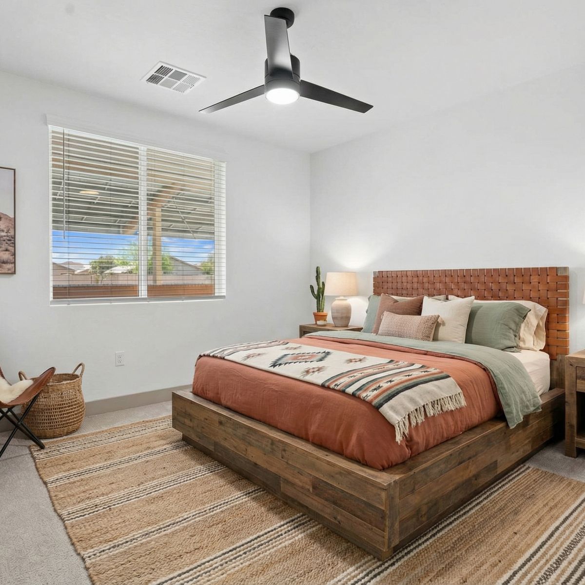 Southwestern-style bedroom with a wooden bed, earth-toned decor, rug, cacti, and large window.
