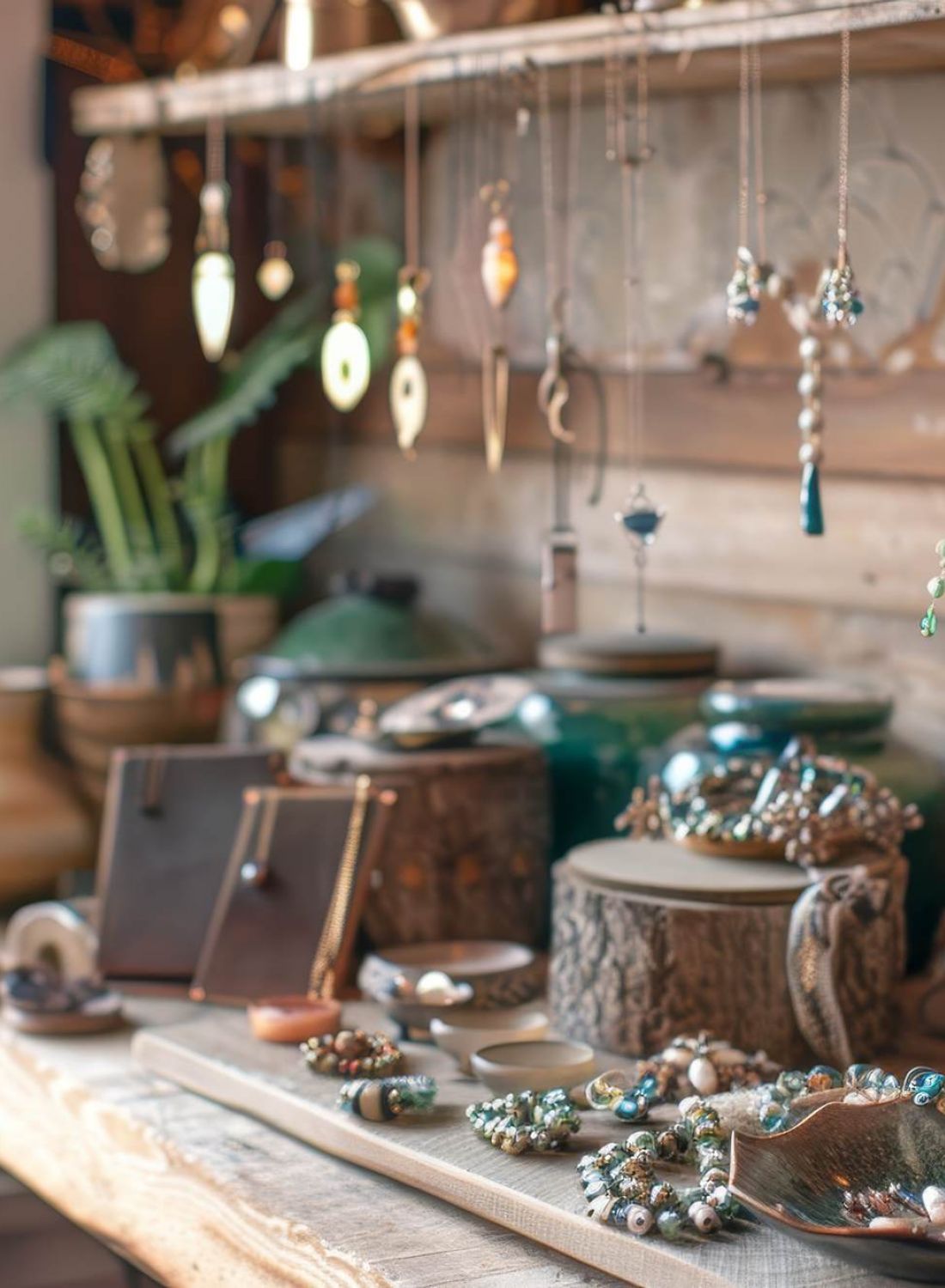 Assorted handmade jewelry and pottery displayed on a rustic wooden table near a sunny window.