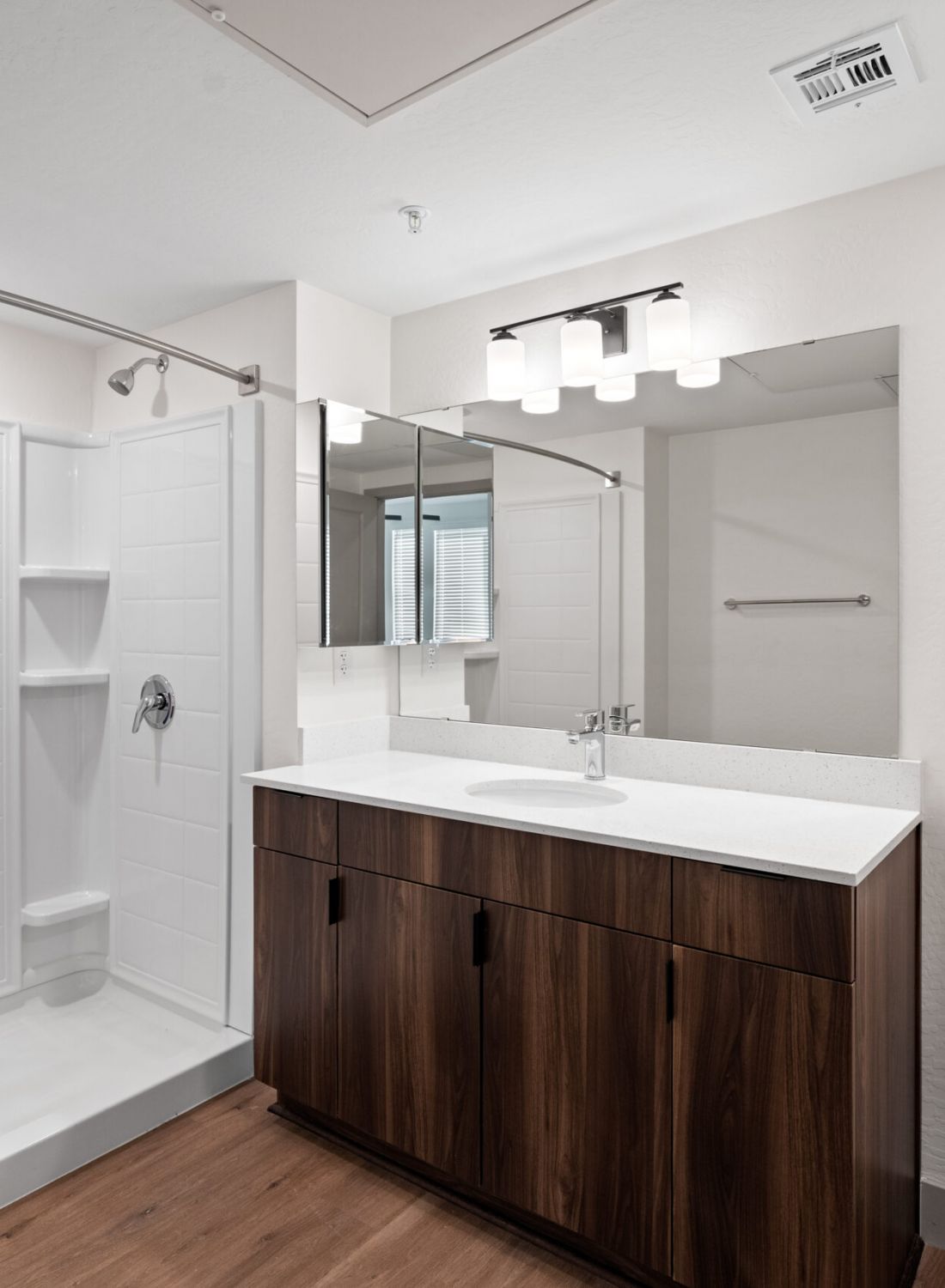 Modern bathroom with a walk-in shower, wooden vanity, large mirror, and white toilet.