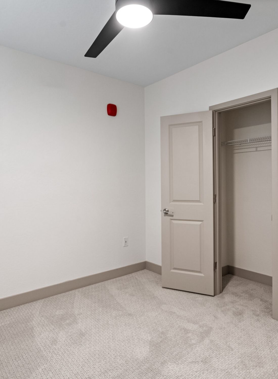 Empty bedroom with beige carpet, open closet, ceiling fan, and neutral-colored walls and trim.