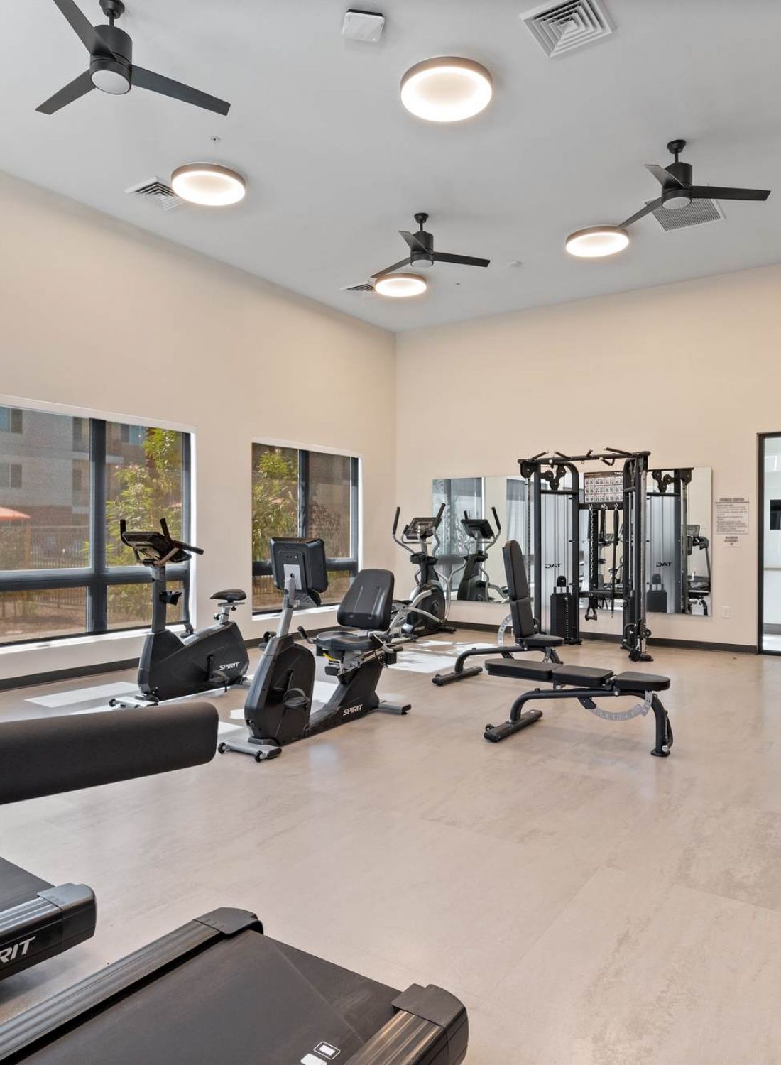 Modern gym room with treadmills, weight racks, exercise bikes, and large windows letting in natural light.